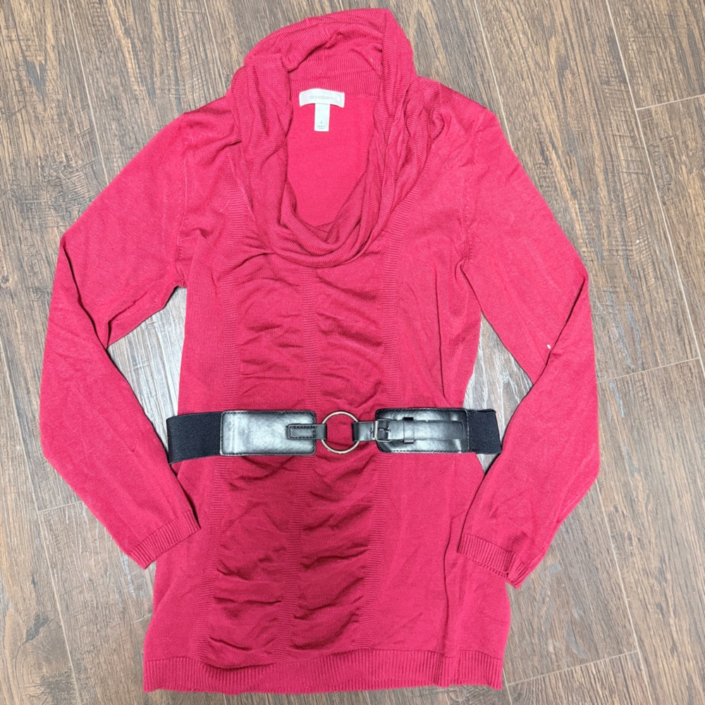 DRESS BARN COWL NECK LONG BELTED SWEATER